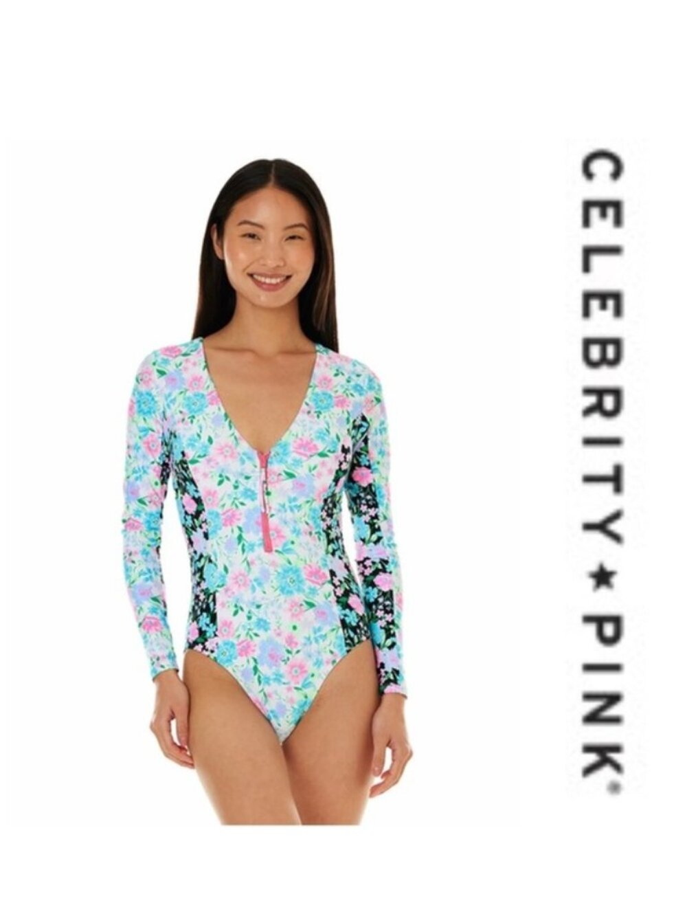 Celebrity Pink | Long Sleeve Zip-Front One-Piece Swimsuit | Size Large (11-13)